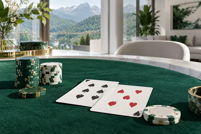 blackjack online: stôl blackjacku s dvoma kartami a žetónmi