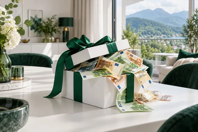 casino bonus bez vkladu 25 €: darčeková krabica plná eurových bankoviek