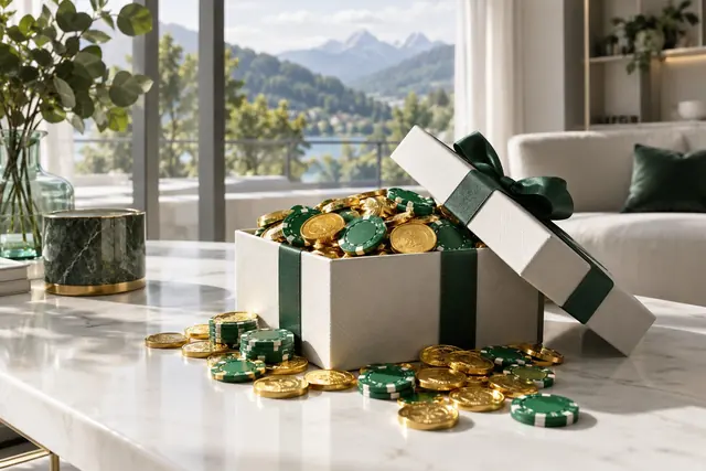 online casino: otvorená darčeková krabica plná mincí a žetónov
