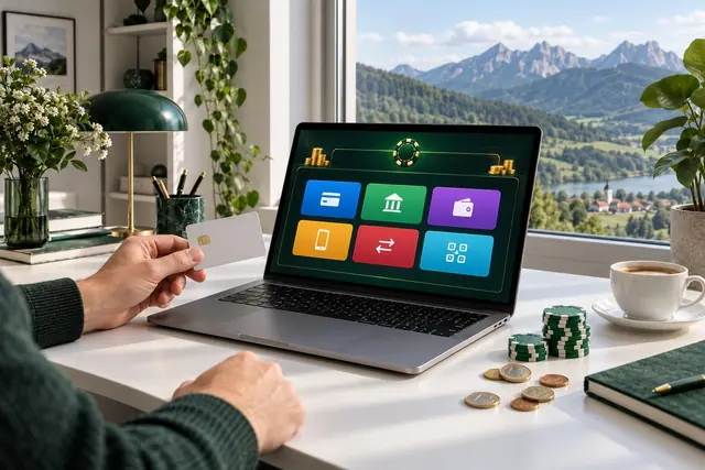 online casino: pokladňa online kasína s dlaždicami platobných metód a platobná karta v ruke