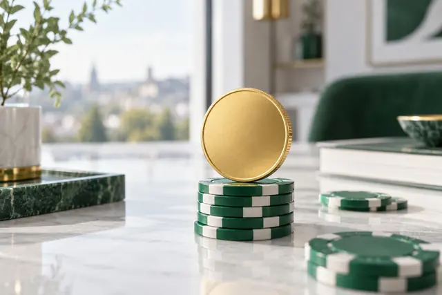 bitcoin casino: zlatá kryptominca na stĺpiku kasínových žetónov