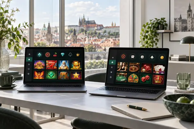 české casino pre slovenských hráčov: dva notebooky s lobby kasín a strechy starého mesta za oknom