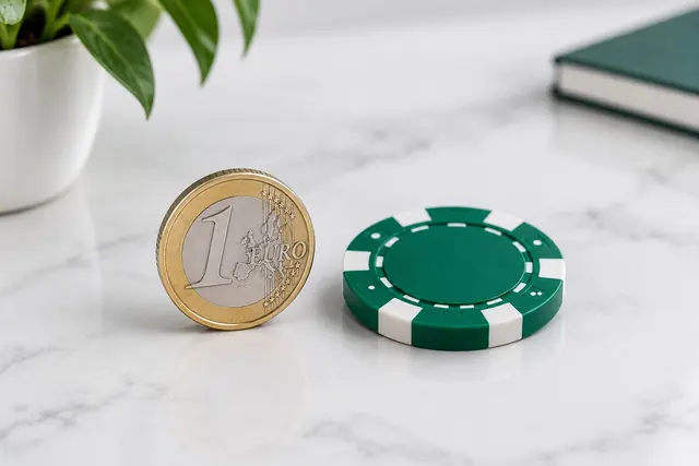 online casino vklad 1 euro: jednoeurová minca a jeden žetón na bielom stole