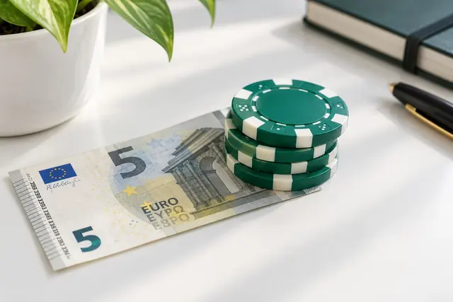 casino 5€: päťeurová bankovka pod malým stĺpikom žetónov