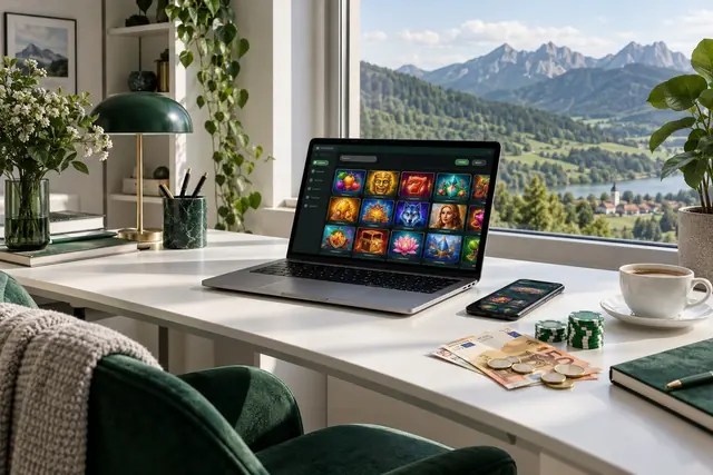 online casino: notebook s lobby online kasína, smartfón, eurá a žetóny na stole s výhľadom na hory