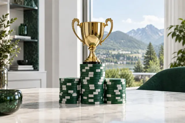 najlepšie online kasíno: zlatá trofej na pódiu zo žetónov