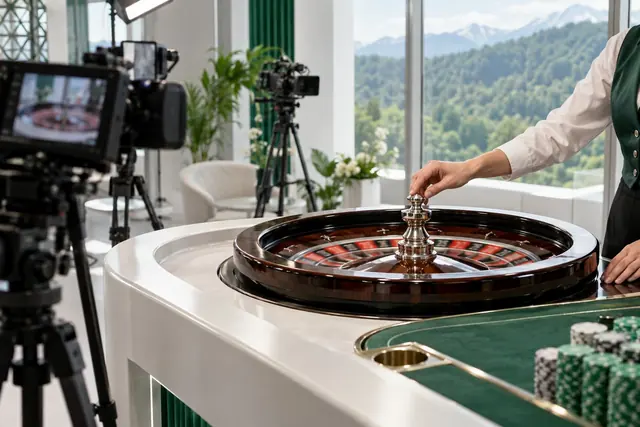online casino: krupiér roztáča ruletu v štúdiu živého vysielania