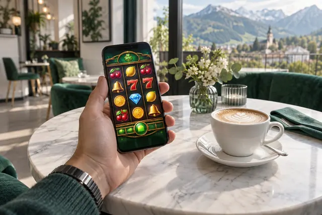 online casino: smartfón s automatom v ruke pri stolíku v kaviarni