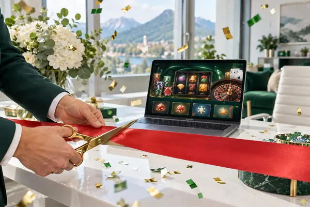 nové online casino: prestrihnutie pásky pred notebookom s lobby kasína