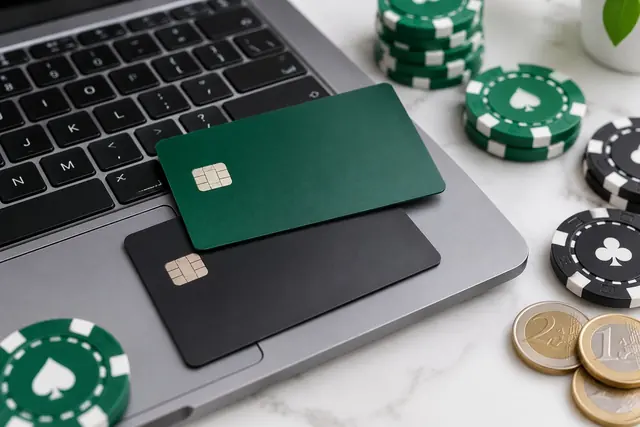 casino platba kartou: dve platobné karty na klávesnici notebooku a žetóny