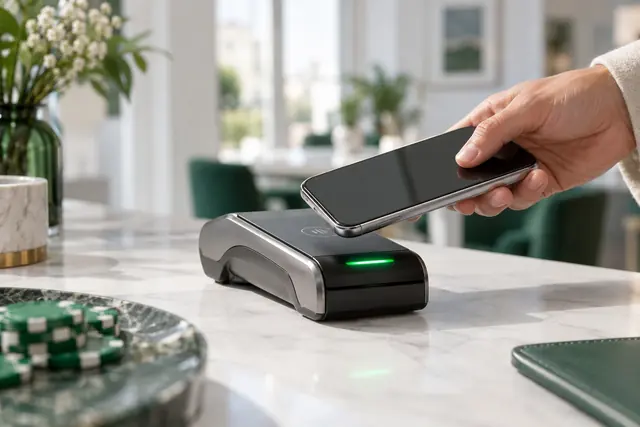 apple pay kasina: smartfón priložený k bezkontaktnému terminálu so zeleným potvrdením