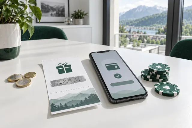 online casino: účtenka predplateného kupónu so zakrytým kódom vedľa smartfónu