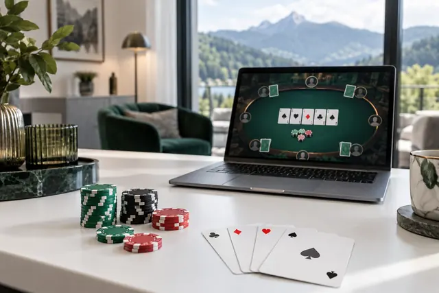poker online: pokerové karty a žetóny, v pozadí online pokrový stôl
