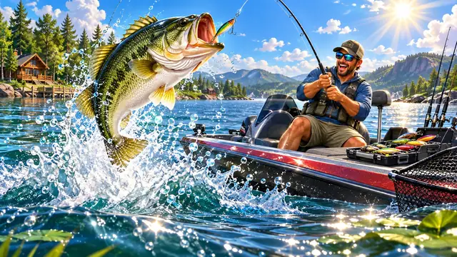 Big Bass Bonanza – rybárska loďka a veľký ostriež nad hladinou