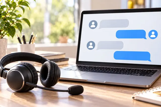 kontakt: slúchadlá zákazníckej podpory a notebook s okienkom chatu