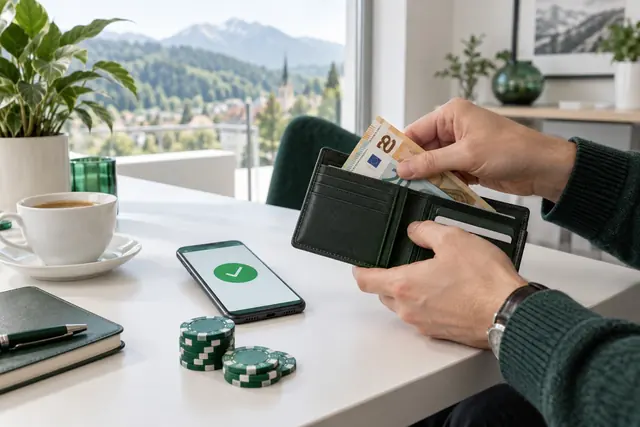 casino s rýchlym výberom: eurové bankovky v peňaženke a potvrdený výber v smartfóne
