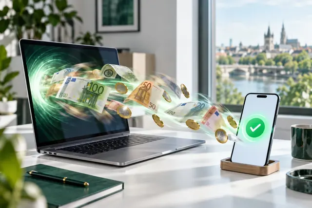 online casino: eurá prúdiace z notebooku do smartfónu so zeleným potvrdením